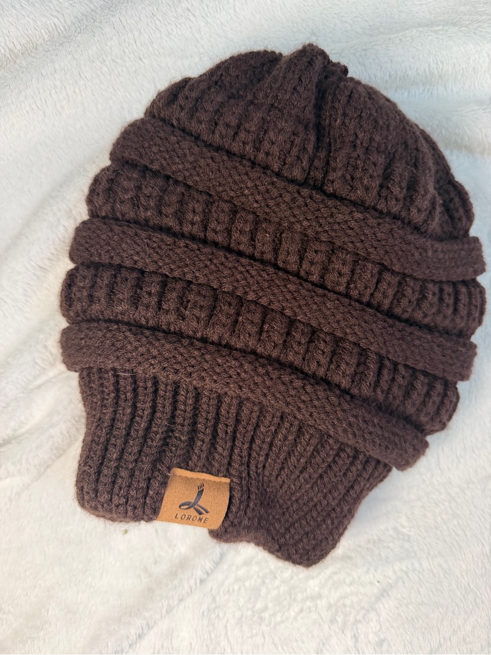 Lorome Brown Ribbed Knit Faux Fur Lined Winter Beanie Hat NWOT